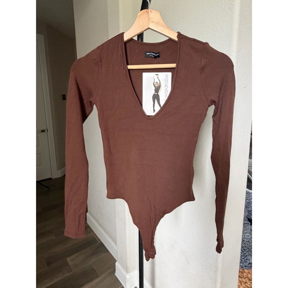 naked wardrobe Brown Long Sleeve V-Neck Bodysuit S
